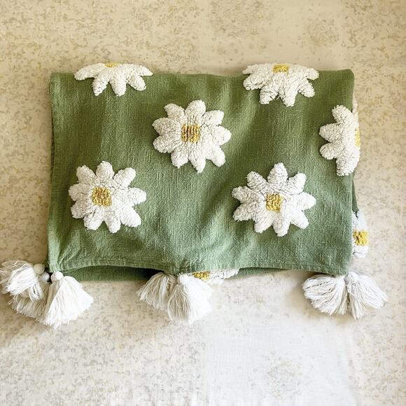 Rachel Zoe Daisy Throw Blanket Oversized Tassels 50" x 70" Blanket Floral Green - Picture 1 of 5